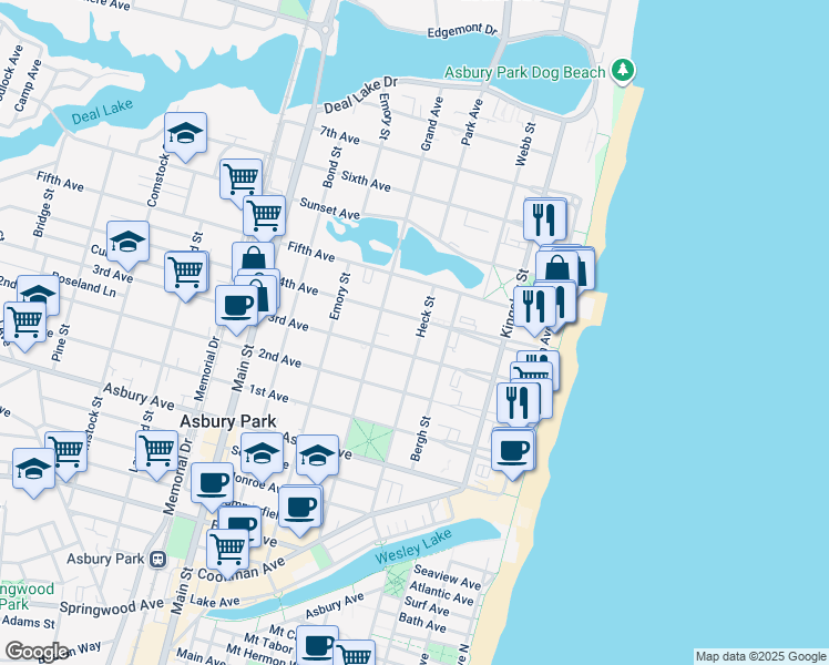 map of restaurants, bars, coffee shops, grocery stores, and more near 305 3rd Avenue in Asbury Park