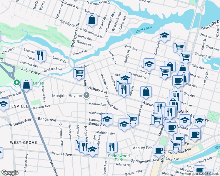 map of restaurants, bars, coffee shops, grocery stores, and more near 1323 Asbury Avenue in Asbury Park