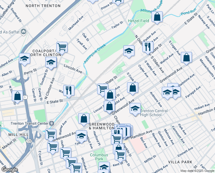 map of restaurants, bars, coffee shops, grocery stores, and more near 114 Furman Street in Trenton