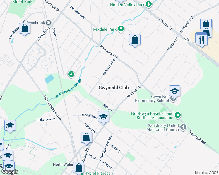 map of restaurants, bars, coffee shops, grocery stores, and more near 1 Kearney Drive in North Wales