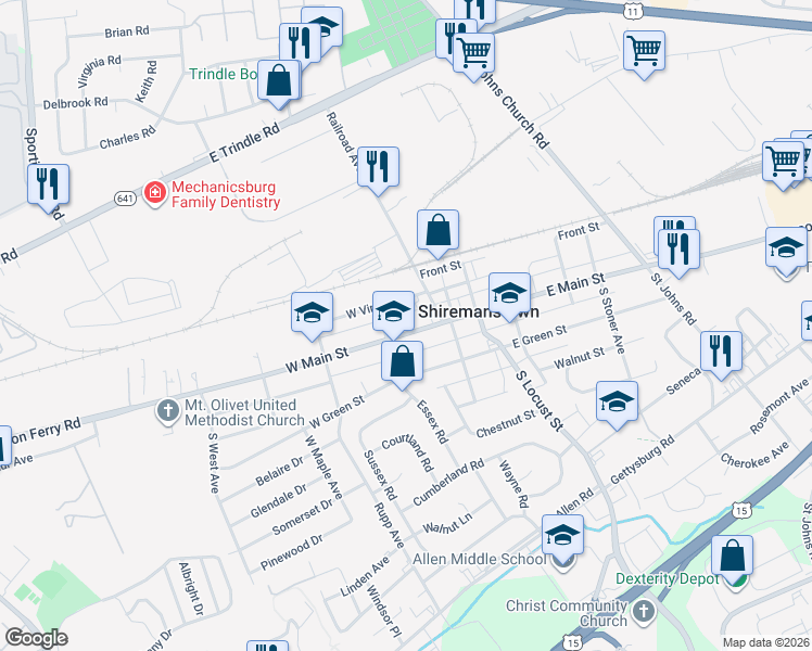 map of restaurants, bars, coffee shops, grocery stores, and more near 30 West Main Street in Shiremanstown