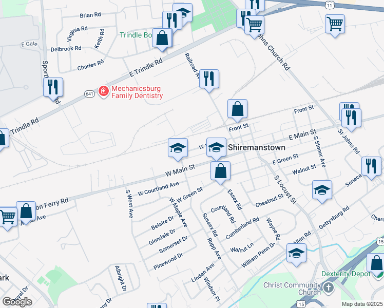 map of restaurants, bars, coffee shops, grocery stores, and more near 123 West Main Street in Shiremanstown