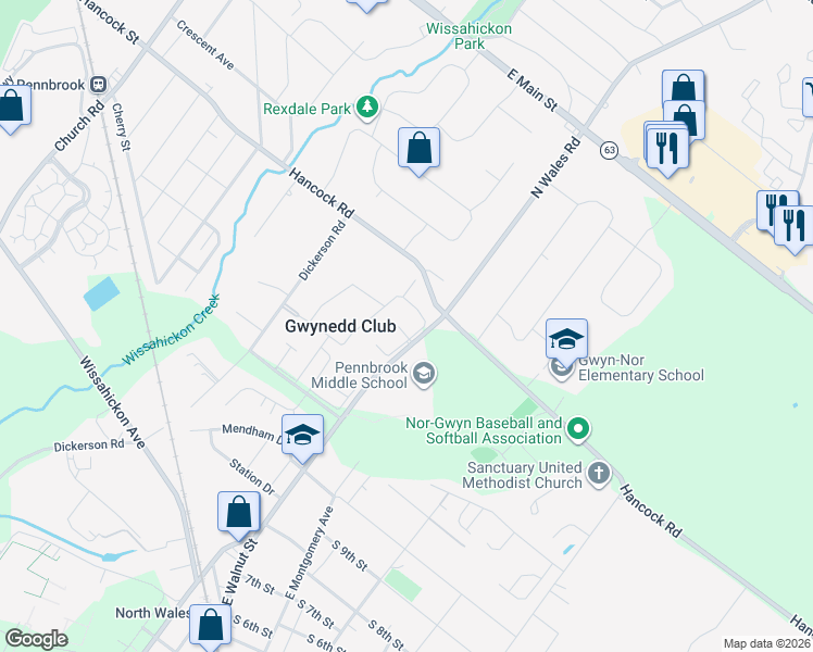map of restaurants, bars, coffee shops, grocery stores, and more near 4 Donovan Court in North Wales
