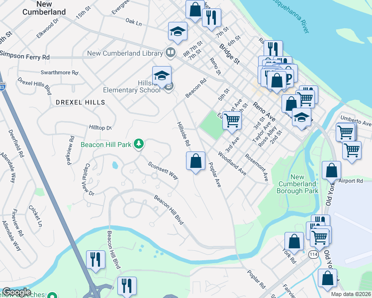 map of restaurants, bars, coffee shops, grocery stores, and more near 402 Hillside Road in New Cumberland