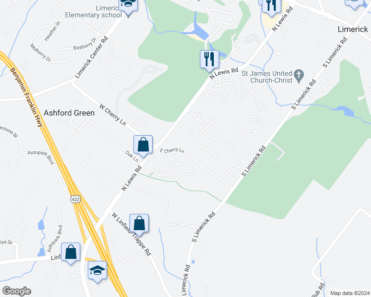 map of restaurants, bars, coffee shops, grocery stores, and more near 21 East Cherry Lane in Royersford