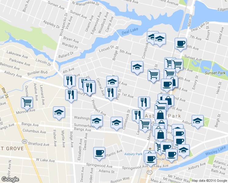 map of restaurants, bars, coffee shops, grocery stores, and more near 1212 1st Ave in Asbury Park
