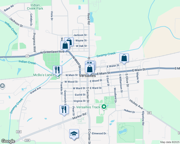 map of restaurants, bars, coffee shops, grocery stores, and more near 17 E Main St in Versailles