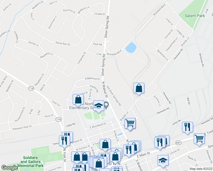map of restaurants, bars, coffee shops, grocery stores, and more near 767 Old Silver Springs Road in Mechanicsburg