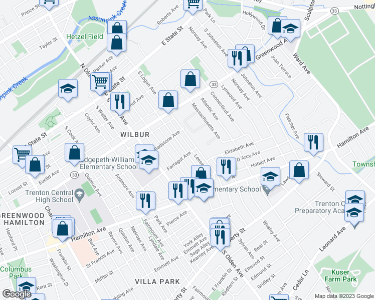 map of restaurants, bars, coffee shops, grocery stores, and more near 360 Cleveland Avenue in Trenton