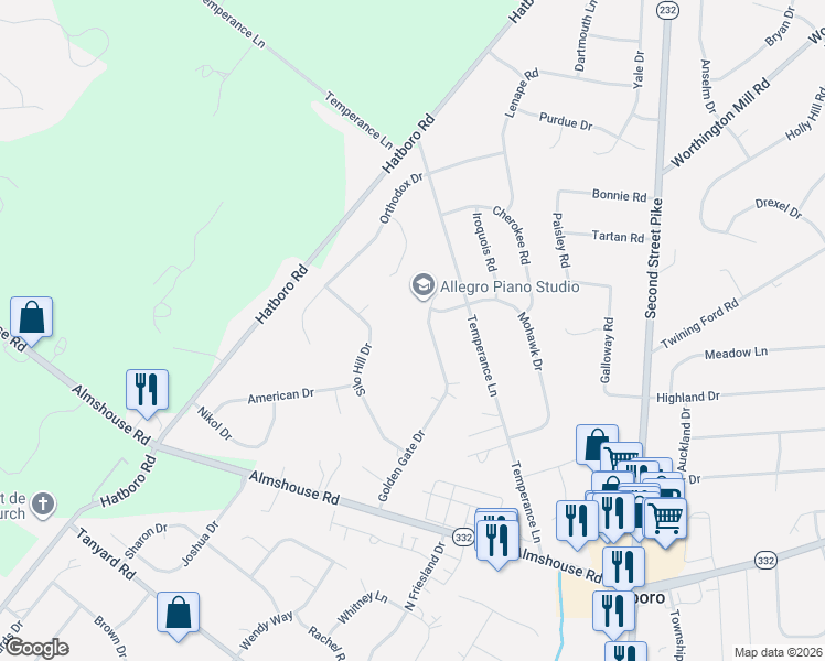 map of restaurants, bars, coffee shops, grocery stores, and more near 521 Golden Gate Drive in Richboro