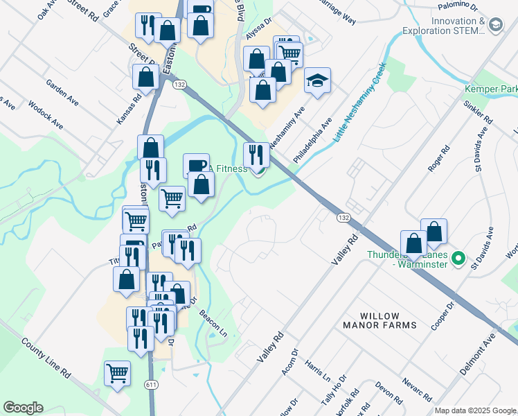 map of restaurants, bars, coffee shops, grocery stores, and more near 91 Basswood Court in Warrington