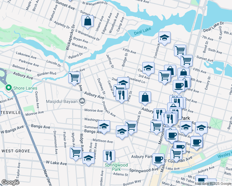 map of restaurants, bars, coffee shops, grocery stores, and more near 1301 Asbury Avenue in Asbury Park