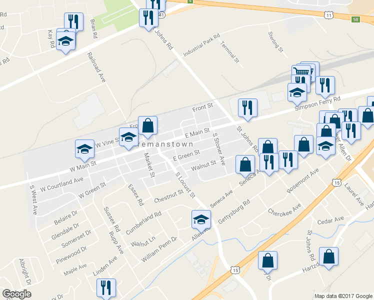 map of restaurants, bars, coffee shops, grocery stores, and more near 123 East Green Street in Shiremanstown