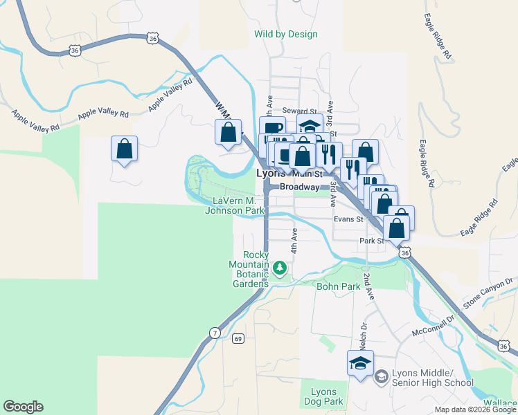 map of restaurants, bars, coffee shops, grocery stores, and more near 441 Evans Street in Lyons