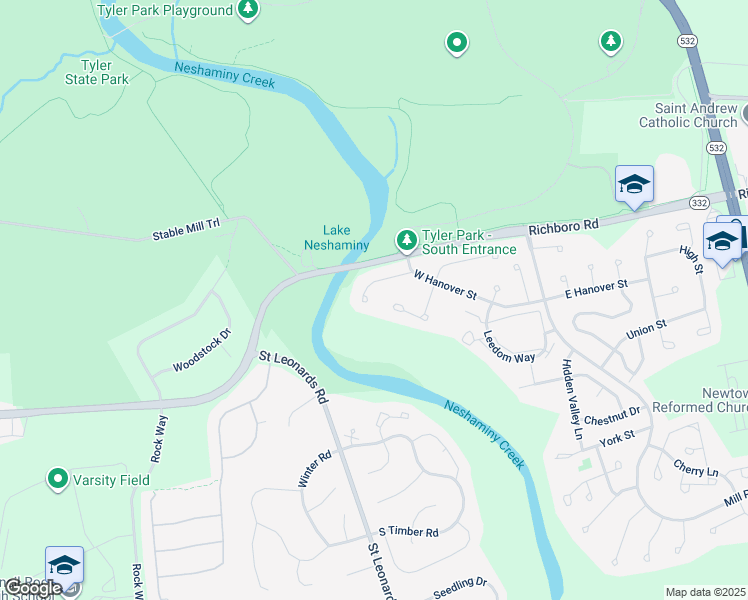 map of restaurants, bars, coffee shops, grocery stores, and more near 25 South Lancaster Lane in Newtown