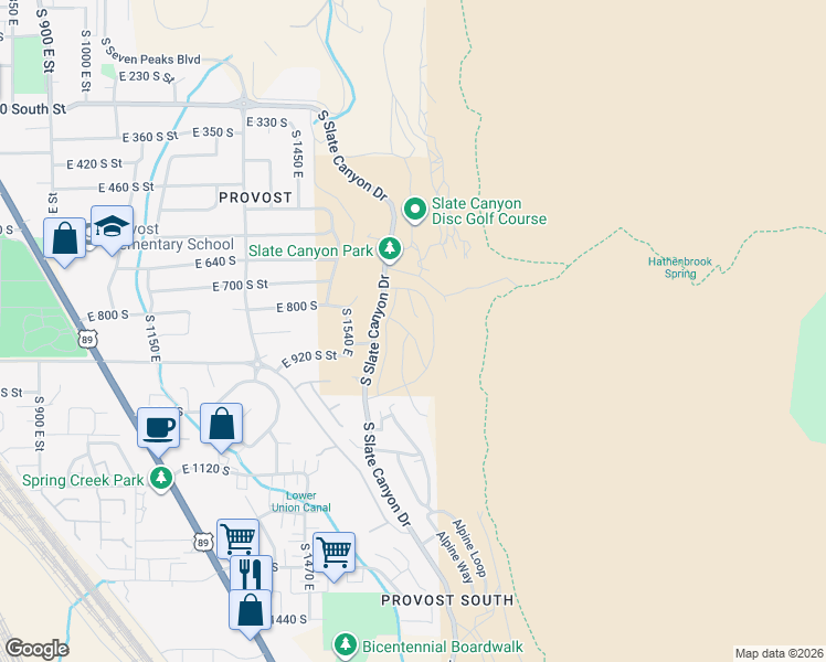 map of restaurants, bars, coffee shops, grocery stores, and more near 890 Aspen Summit Drive in Provo