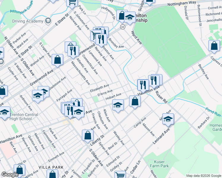 map of restaurants, bars, coffee shops, grocery stores, and more near 225 D Arcy Avenue in Hamilton Township