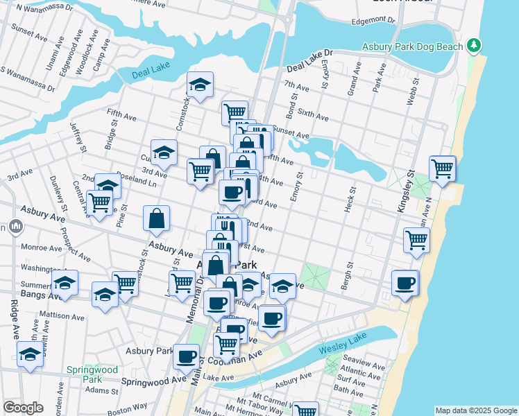 map of restaurants, bars, coffee shops, grocery stores, and more near 705 2nd Avenue in Asbury Park