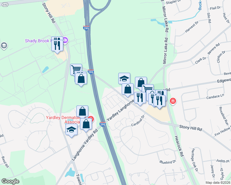 map of restaurants, bars, coffee shops, grocery stores, and more near 747 Stony Hill Road in Yardley