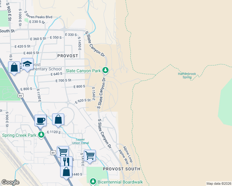 map of restaurants, bars, coffee shops, grocery stores, and more near 890 Aspen Summit Drive in Provo