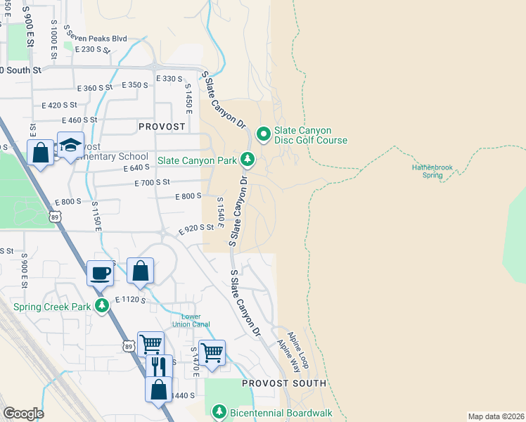map of restaurants, bars, coffee shops, grocery stores, and more near 890 Aspen Summit Drive in Provo