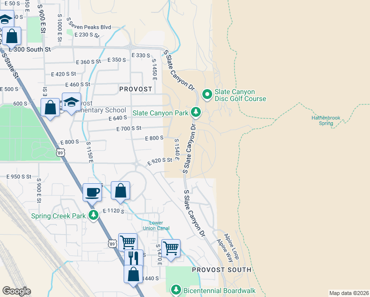 map of restaurants, bars, coffee shops, grocery stores, and more near 908 South Aspen Place in Provo