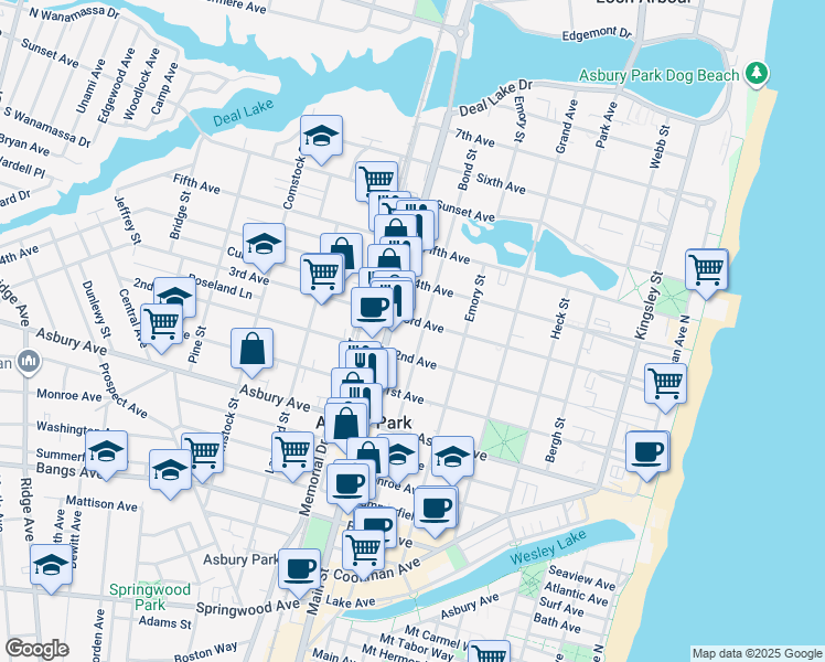 map of restaurants, bars, coffee shops, grocery stores, and more near 705 2nd Avenue in Asbury Park