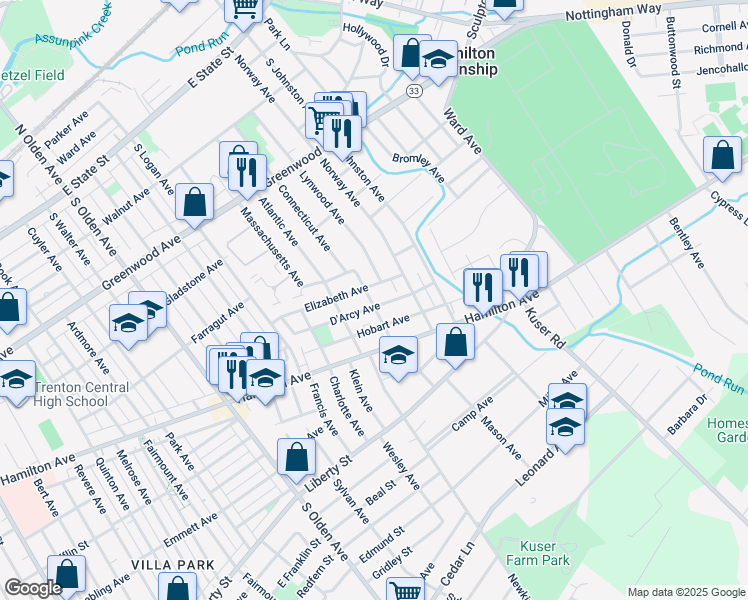 map of restaurants, bars, coffee shops, grocery stores, and more near 225 D Arcy Avenue in Hamilton Township