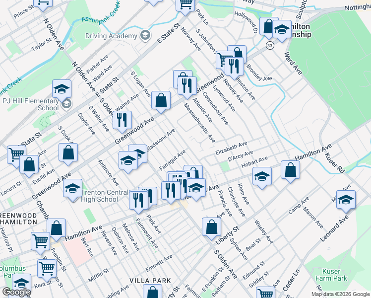 map of restaurants, bars, coffee shops, grocery stores, and more near 425 South Logan Avenue in Trenton