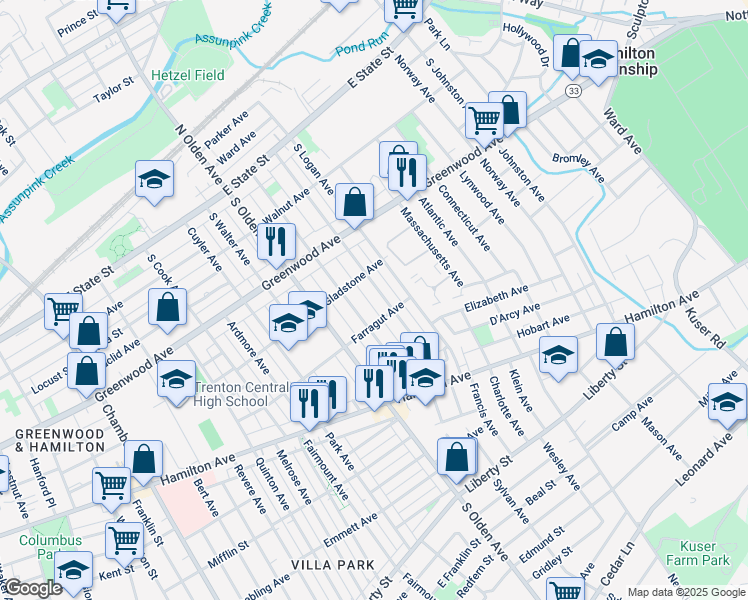 map of restaurants, bars, coffee shops, grocery stores, and more near 405 Cleveland Avenue in Trenton