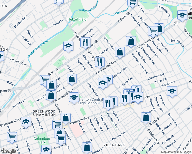 map of restaurants, bars, coffee shops, grocery stores, and more near 245 South Walter Avenue in Trenton