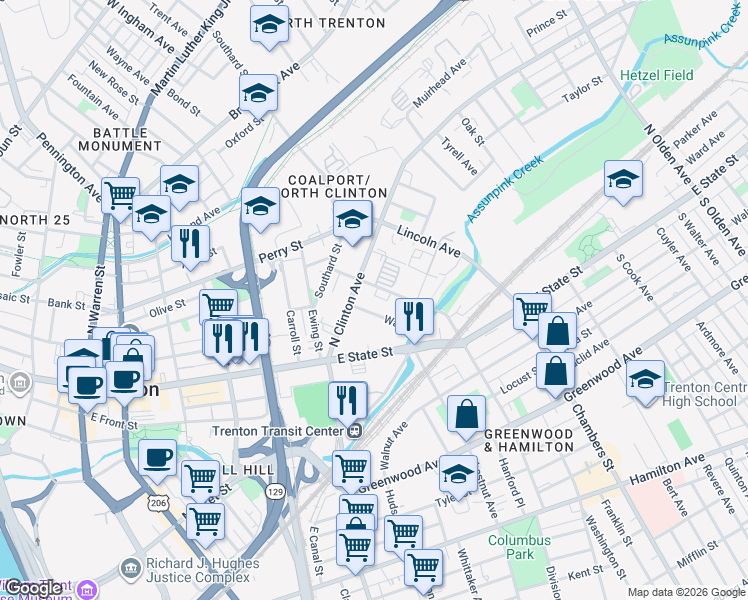 map of restaurants, bars, coffee shops, grocery stores, and more near 50 North Clinton Avenue in Trenton