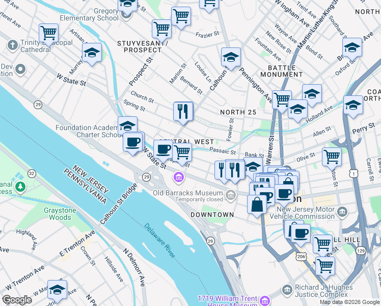 map of restaurants, bars, coffee shops, grocery stores, and more near 215 West Hanover Street in Trenton