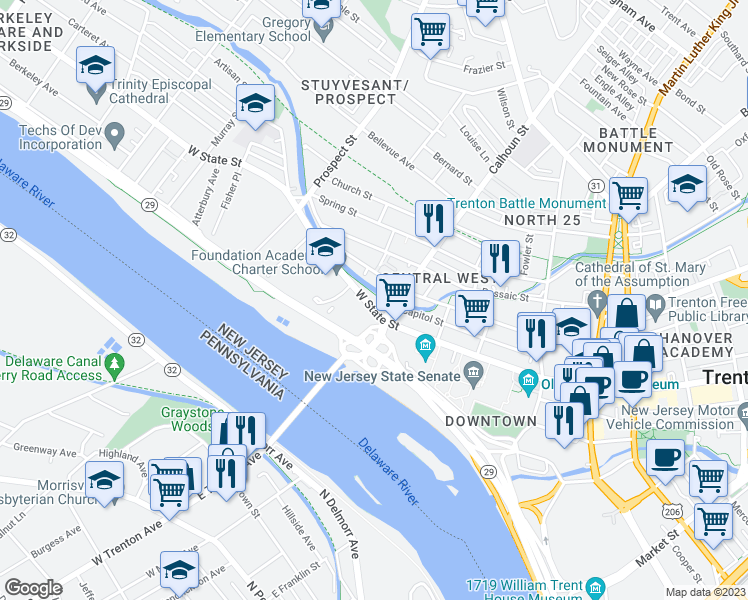 map of restaurants, bars, coffee shops, grocery stores, and more near 315 West State Street in Trenton