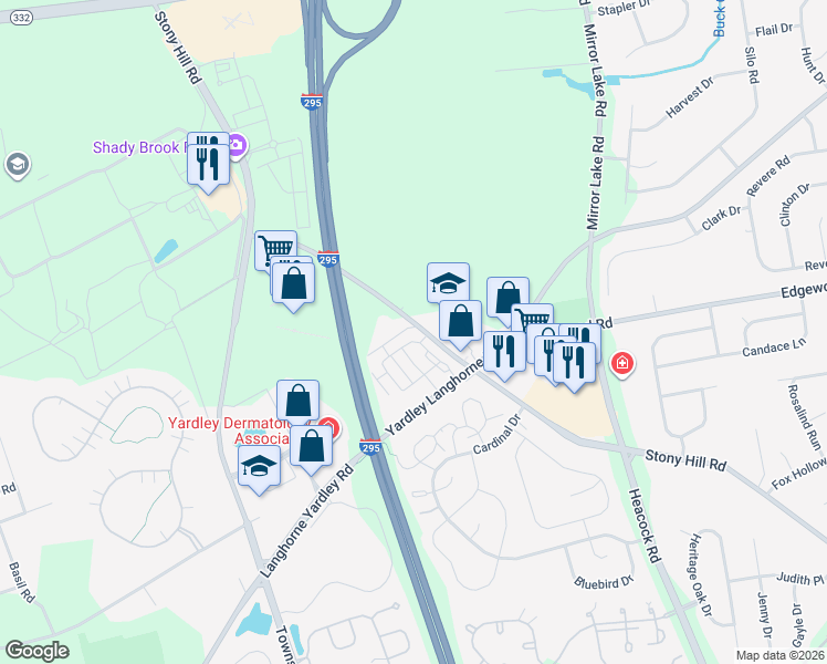 map of restaurants, bars, coffee shops, grocery stores, and more near 747 Stony Hill Road in Yardley