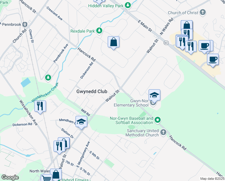 map of restaurants, bars, coffee shops, grocery stores, and more near 12 Derry Drive in North Wales