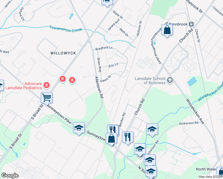 map of restaurants, bars, coffee shops, grocery stores, and more near 120 Providence Lane in Lansdale
