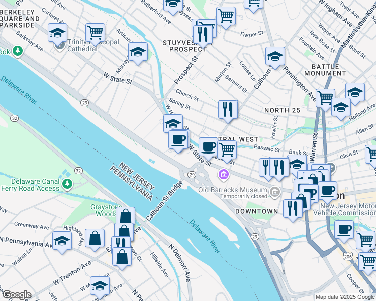 map of restaurants, bars, coffee shops, grocery stores, and more near 329 West State Street in Trenton