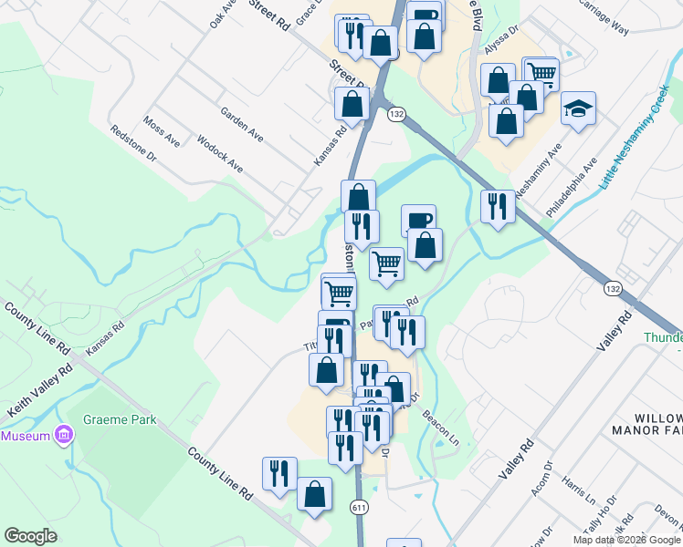 map of restaurants, bars, coffee shops, grocery stores, and more near 366 Easton Road in Warrington