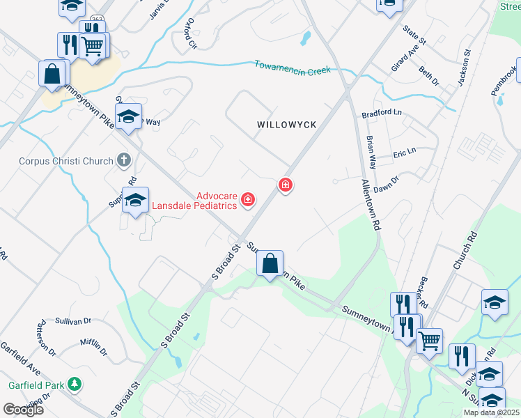 map of restaurants, bars, coffee shops, grocery stores, and more near 1226 South Broad Street in Lansdale