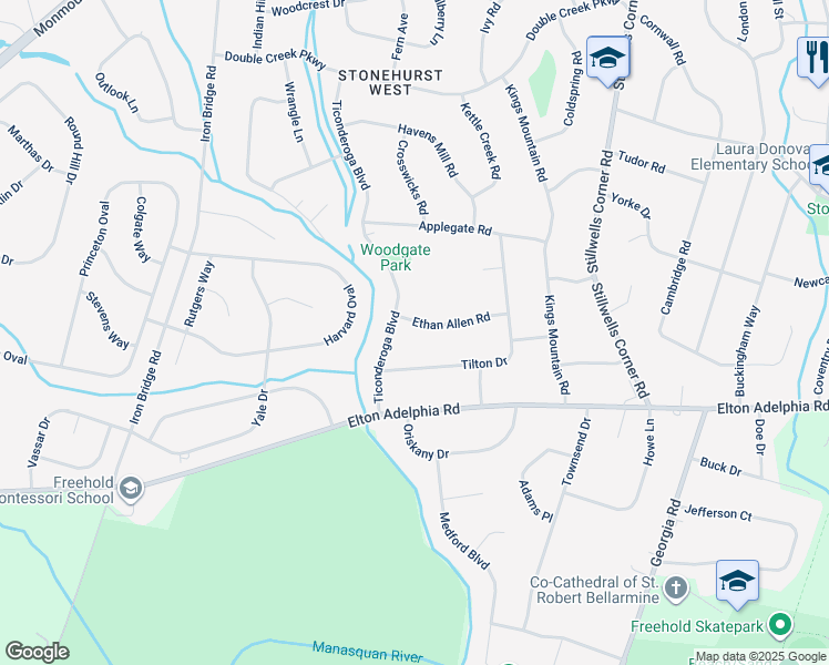 map of restaurants, bars, coffee shops, grocery stores, and more near 12 Ethan Allen Road in Freehold