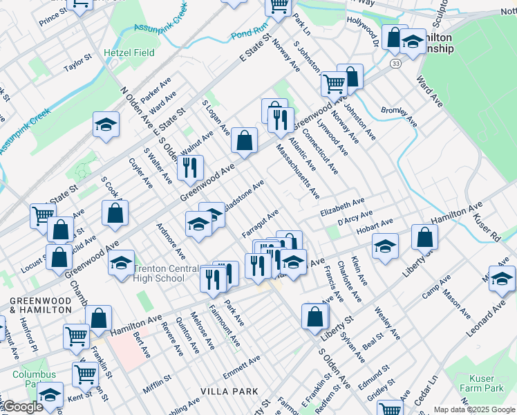 map of restaurants, bars, coffee shops, grocery stores, and more near 405 Cleveland Avenue in Trenton