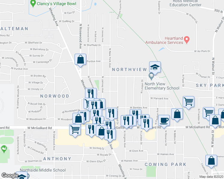 map of restaurants, bars, coffee shops, grocery stores, and more near 3700 North New York Avenue in Muncie