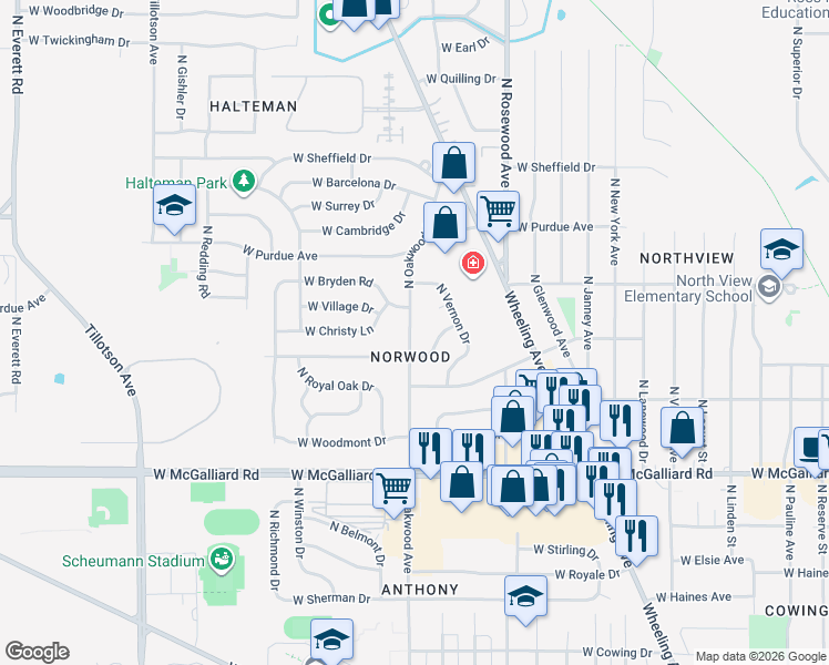 map of restaurants, bars, coffee shops, grocery stores, and more near 2004 West Norwood Drive in Muncie