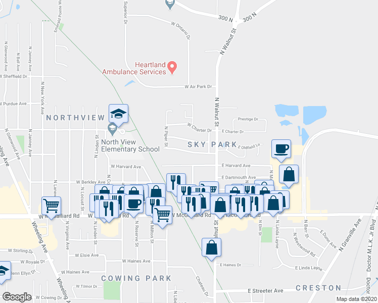 map of restaurants, bars, coffee shops, grocery stores, and more near 304 West Skyway Drive in Muncie