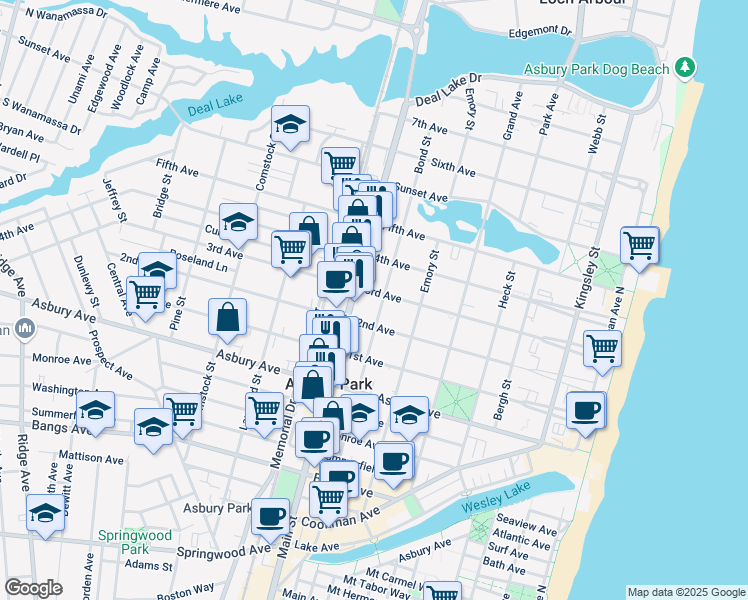 map of restaurants, bars, coffee shops, grocery stores, and more near 705 2nd Avenue in Asbury Park