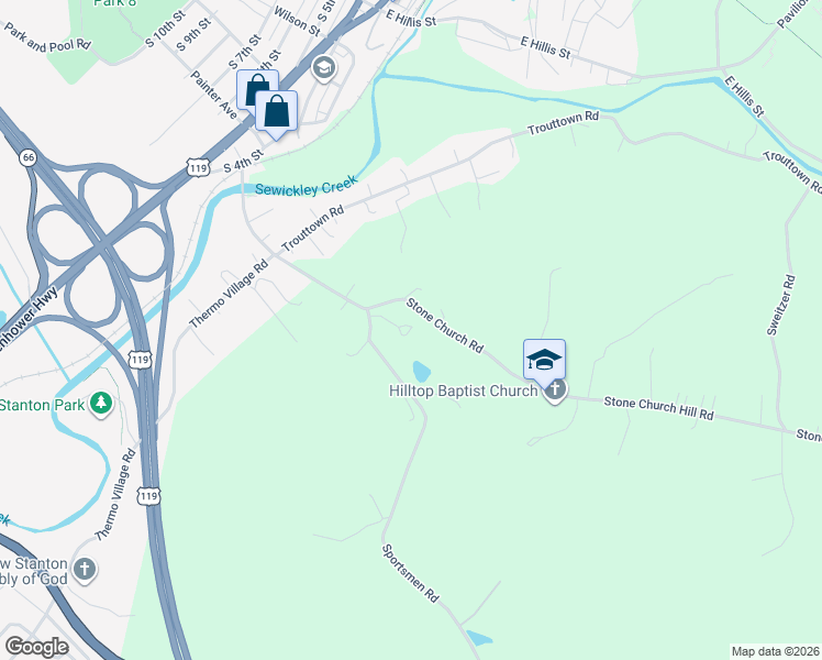 map of restaurants, bars, coffee shops, grocery stores, and more near 346 Sportsmen Road in Hunker
