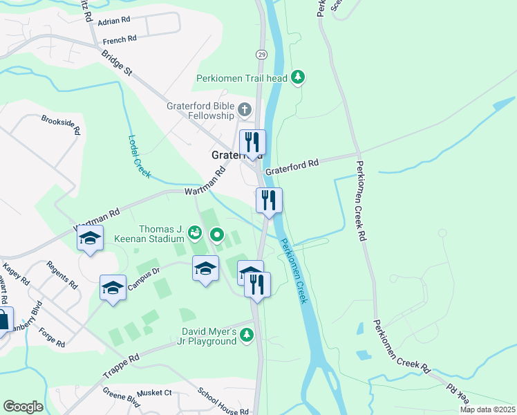 map of restaurants, bars, coffee shops, grocery stores, and more near 539 Gravel Pike in Collegeville