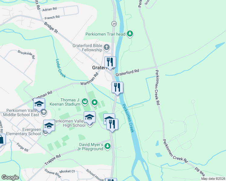 map of restaurants, bars, coffee shops, grocery stores, and more near 539 Gravel Pike in Collegeville