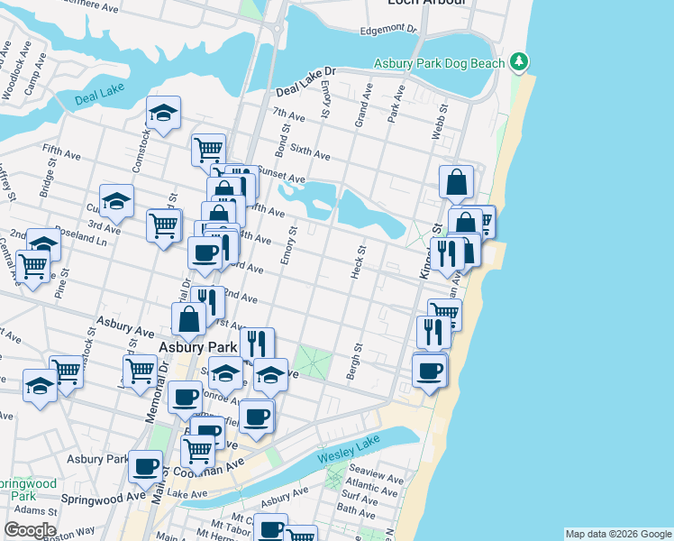map of restaurants, bars, coffee shops, grocery stores, and more near 409 3rd Avenue in Asbury Park